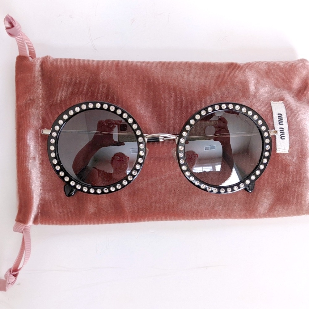 MIU MIU Retro Round Rhinestone Studded Sunglasses Black Délice Y2K